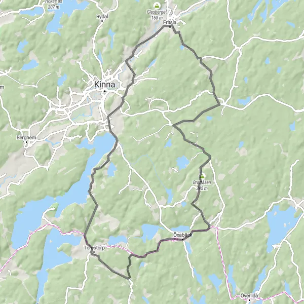 Map miniature of "Picturesque Road Ride around Fritsla" cycling inspiration in Västsverige, Sweden. Generated by Tarmacs.app cycling route planner