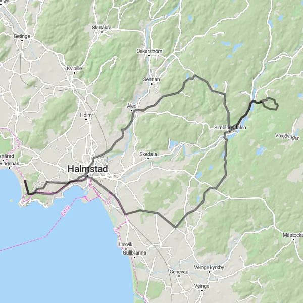 Kartminiatyr av "Naturens skönhet i Simlångsdalen och Tönnersjö" cykelinspiration i Västsverige, Sweden. Genererad av Tarmacs.app cykelruttplanerare