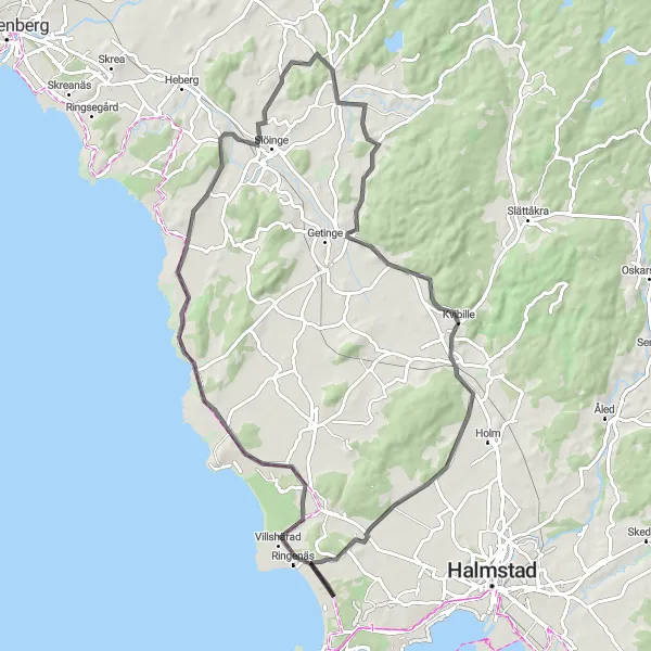 Map miniature of "Hallands Countryside Tour" cycling inspiration in Västsverige, Sweden. Generated by Tarmacs.app cycling route planner