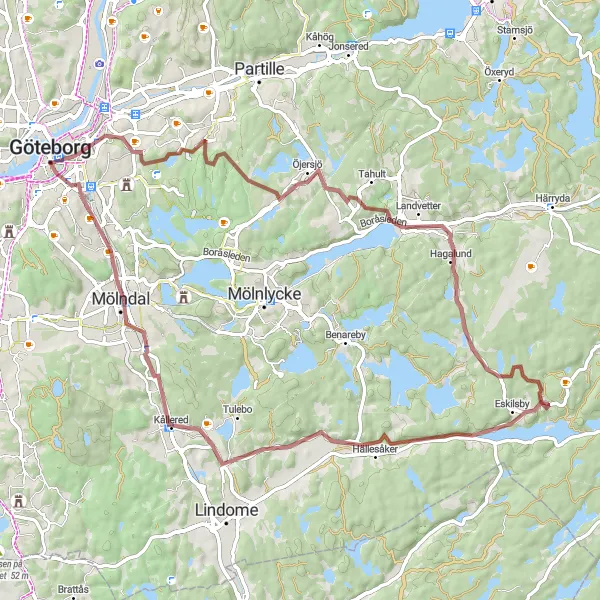 Kartminiatyr av "Göteborgs grustrilogi" cykelinspiration i Västsverige, Sweden. Genererad av Tarmacs.app cykelruttplanerare