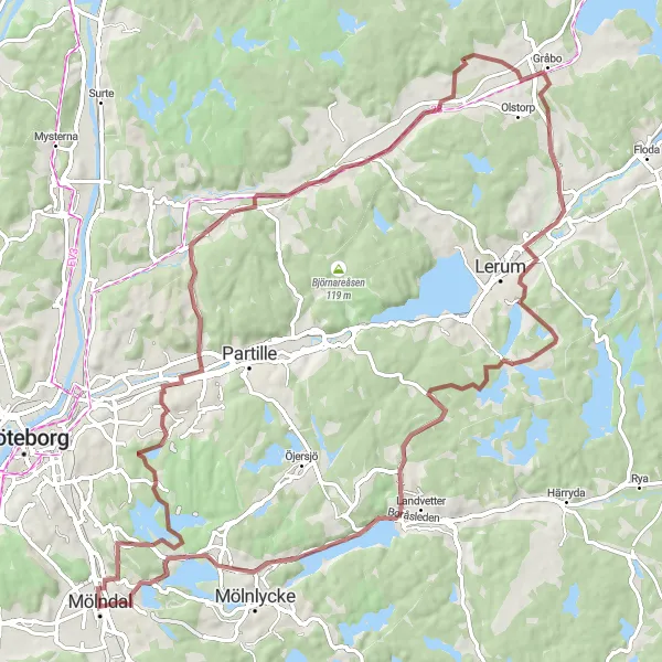Map miniature of "Gravel Adventure: Edsåsen to Åby" cycling inspiration in Västsverige, Sweden. Generated by Tarmacs.app cycling route planner