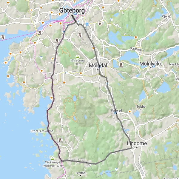 Map miniature of "Göteborg to Kållered Loop" cycling inspiration in Västsverige, Sweden. Generated by Tarmacs.app cycling route planner