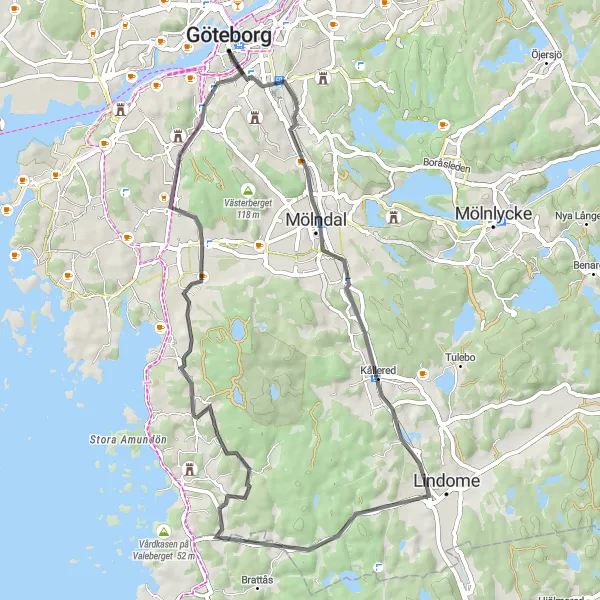 Map miniature of "Scenic Mölndal Loop" cycling inspiration in Västsverige, Sweden. Generated by Tarmacs.app cycling route planner