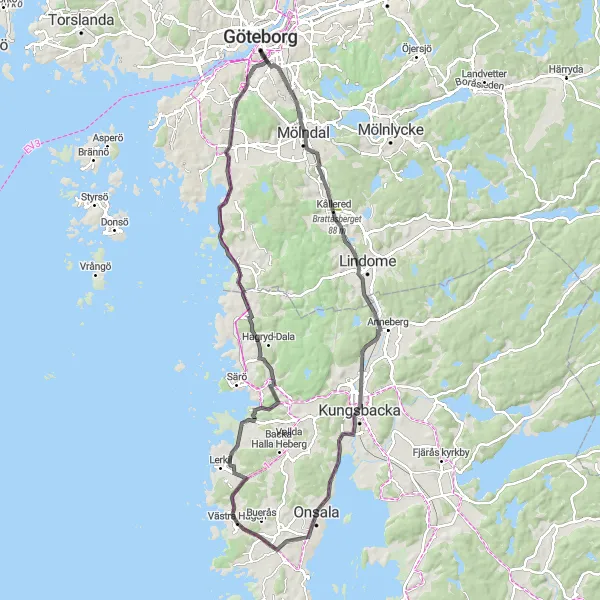 Kartminiatyr av "Cykling längs Västkusten" cykelinspiration i Västsverige, Sweden. Genererad av Tarmacs.app cykelruttplanerare