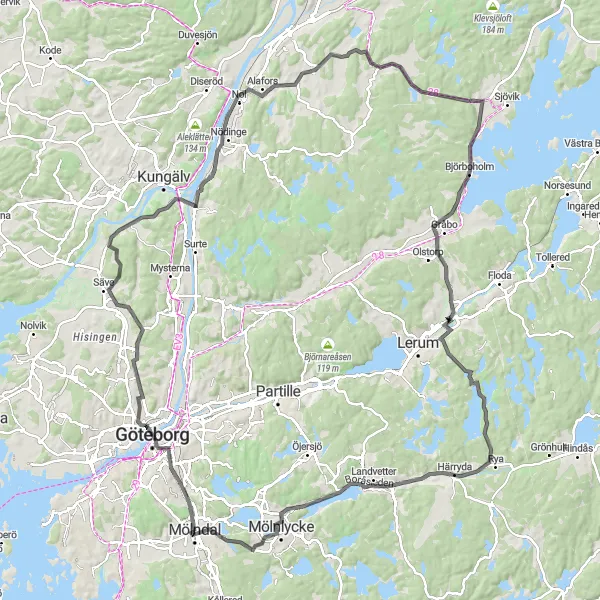 Kartminiatyr av "Landsvägsäventyr i Västsverige" cykelinspiration i Västsverige, Sweden. Genererad av Tarmacs.app cykelruttplanerare