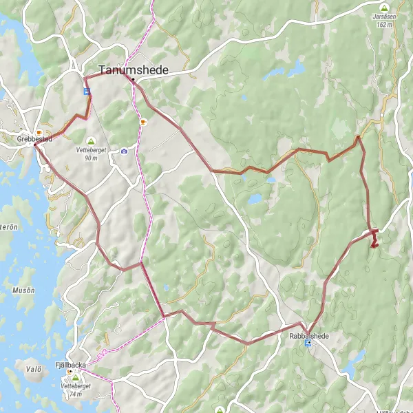 Map miniature of "Gravel Cycling Route: Tanumshede to Grebbestad via Rabbalshede" cycling inspiration in Västsverige, Sweden. Generated by Tarmacs.app cycling route planner