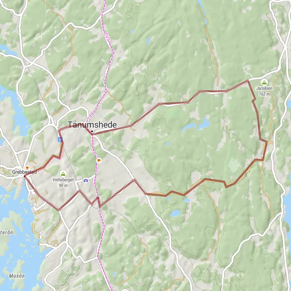 Kartminiatyr av "Kust och kultur på grusvägar" cykelinspiration i Västsverige, Sweden. Genererad av Tarmacs.app cykelruttplanerare