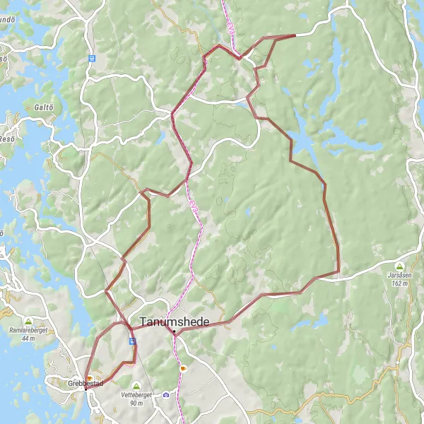 Map miniature of "Gravel Cycling Route: Säm to Tanums Station via Lur and Greby gravfält" cycling inspiration in Västsverige, Sweden. Generated by Tarmacs.app cycling route planner