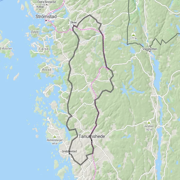 Map miniature of "Grebbestad to Sannäsberget Loop" cycling inspiration in Västsverige, Sweden. Generated by Tarmacs.app cycling route planner