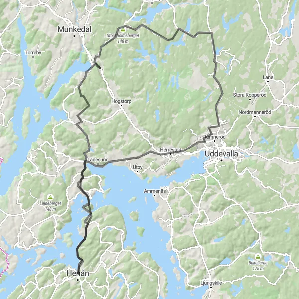 Map miniature of "The Henån Circuit" cycling inspiration in Västsverige, Sweden. Generated by Tarmacs.app cycling route planner