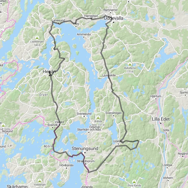 Map miniature of "Henån - Uddevalla Coastal Adventure" cycling inspiration in Västsverige, Sweden. Generated by Tarmacs.app cycling route planner