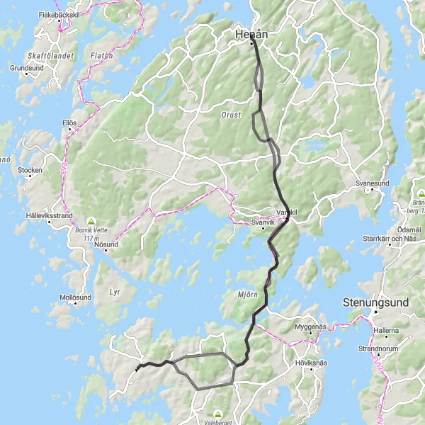 Map miniature of "Henån - Varekil Loop" cycling inspiration in Västsverige, Sweden. Generated by Tarmacs.app cycling route planner