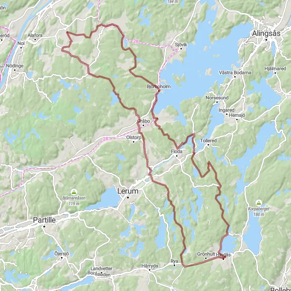 Map miniature of "Hindås to Gråbo Loop" cycling inspiration in Västsverige, Sweden. Generated by Tarmacs.app cycling route planner