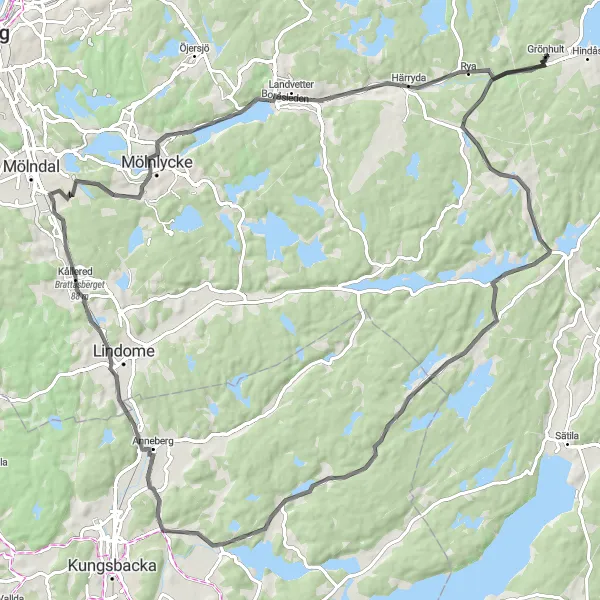 Map miniature of "Härryda Road Loop" cycling inspiration in Västsverige, Sweden. Generated by Tarmacs.app cycling route planner