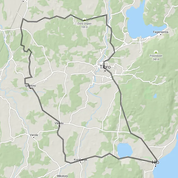 Map miniature of "Hjo and Tibro Loop" cycling inspiration in Västsverige, Sweden. Generated by Tarmacs.app cycling route planner