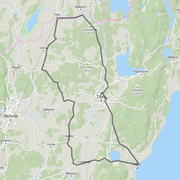 Kartminiatyr av "Äventyr genom Värsås och Tibro" cykelinspiration i Västsverige, Sweden. Genererad av Tarmacs.app cykelruttplanerare