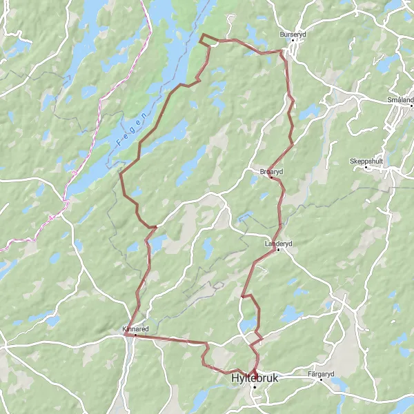 Map miniature of "Exploring Kinnared and Gryteryd (Gravel)" cycling inspiration in Västsverige, Sweden. Generated by Tarmacs.app cycling route planner