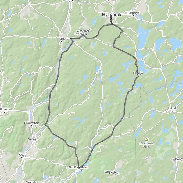 Kartminiatyr av "Simlångsdalen Loop" cykelinspiration i Västsverige, Sweden. Genererad av Tarmacs.app cykelruttplanerare