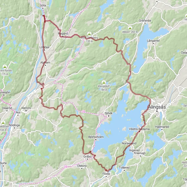 Map miniature of "Ingared-Floda-Västra Bodarna Gravel Loop" cycling inspiration in Västsverige, Sweden. Generated by Tarmacs.app cycling route planner