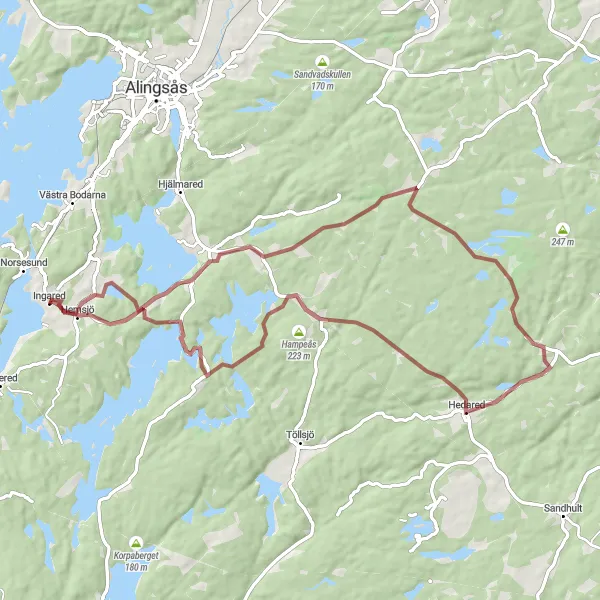 Map miniature of "Ingared to Hedared and Hemsjö Gravel Route" cycling inspiration in Västsverige, Sweden. Generated by Tarmacs.app cycling route planner
