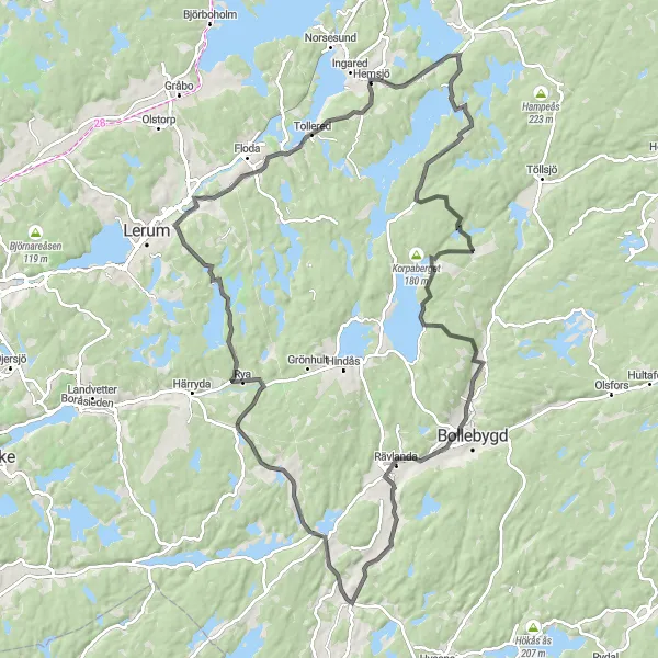 Map miniature of "Ingared to Ödenäs and Hällingsjö Road Route" cycling inspiration in Västsverige, Sweden. Generated by Tarmacs.app cycling route planner