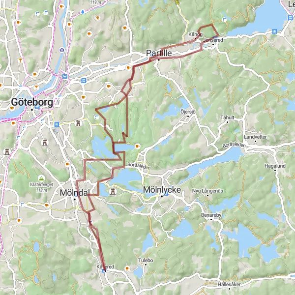 Map miniature of "Gravel Adventure near Kållered" cycling inspiration in Västsverige, Sweden. Generated by Tarmacs.app cycling route planner