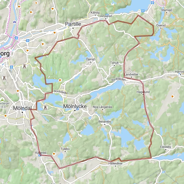 Kartminiatyr av "Grusväg cykeltur från Kållered" cykelinspiration i Västsverige, Sweden. Genererad av Tarmacs.app cykelruttplanerare