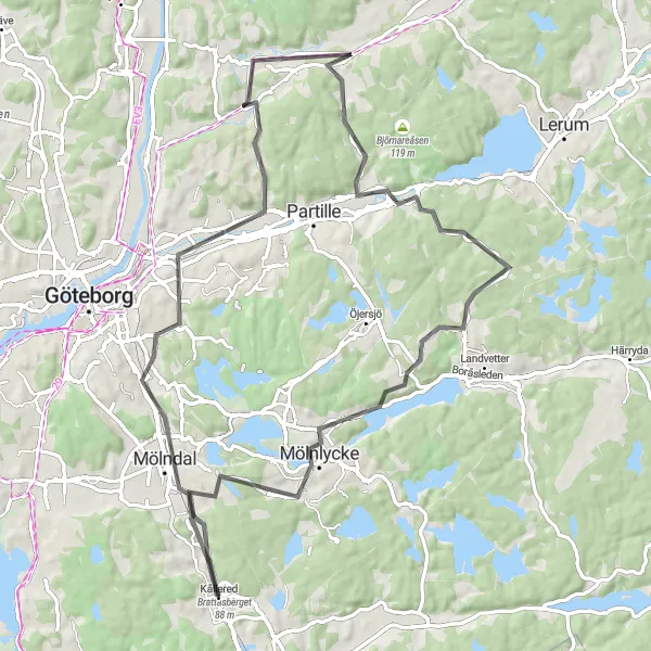 Map miniature of "Hill Challenge near Kållered" cycling inspiration in Västsverige, Sweden. Generated by Tarmacs.app cycling route planner