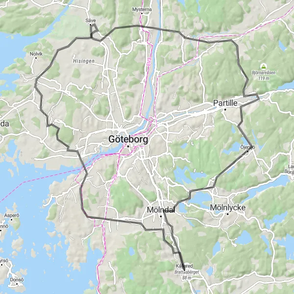 Map miniature of "Scenic Loop near Kållered" cycling inspiration in Västsverige, Sweden. Generated by Tarmacs.app cycling route planner