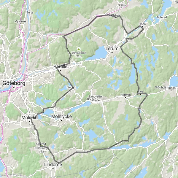 Map miniature of "Scenic Road Escape" cycling inspiration in Västsverige, Sweden. Generated by Tarmacs.app cycling route planner