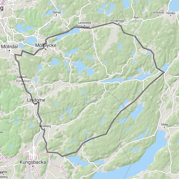 Map miniature of "Kållered to Lindome Loop" cycling inspiration in Västsverige, Sweden. Generated by Tarmacs.app cycling route planner