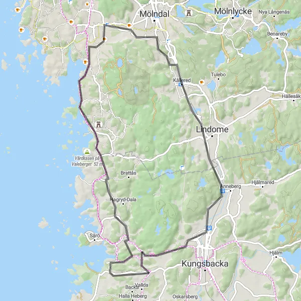 Map miniature of "Kyrkobyn Loop" cycling inspiration in Västsverige, Sweden. Generated by Tarmacs.app cycling route planner