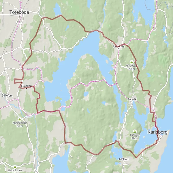 Map miniature of "Karlsborg to Undenäs Gravel Route" cycling inspiration in Västsverige, Sweden. Generated by Tarmacs.app cycling route planner