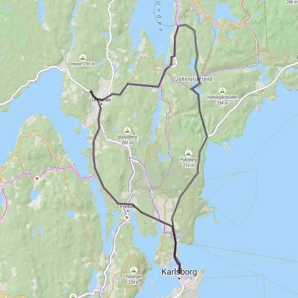 Map miniature of "Undenäs Adventure" cycling inspiration in Västsverige, Sweden. Generated by Tarmacs.app cycling route planner