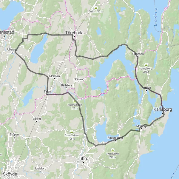 Kartminiatyr av "Historiska resan via Mölltorp, Tidan och Fägremon" cykelinspiration i Västsverige, Sweden. Genererad av Tarmacs.app cykelruttplanerare