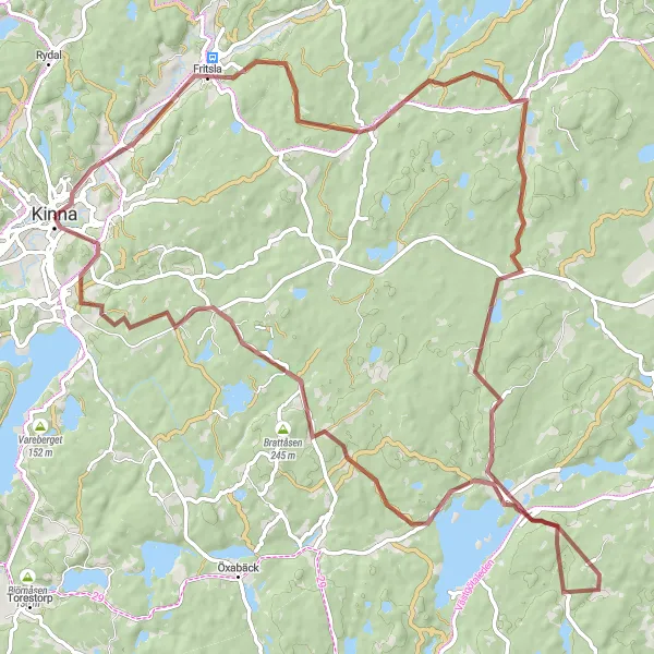 Map miniature of "Kinna - Vråberget - Fritsla - Skephult - Holsljunga - Ljungåsen" cycling inspiration in Västsverige, Sweden. Generated by Tarmacs.app cycling route planner