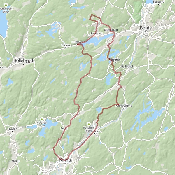 Map miniature of "Kinna - Fritsla - Ekekullen - Viskafors - Sjömarken - Sandared - Viaredssjön - Seglora - Stegelåsen" cycling inspiration in Västsverige, Sweden. Generated by Tarmacs.app cycling route planner