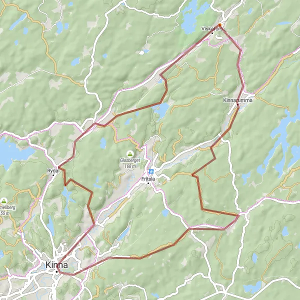 Map miniature of "Kinna - Högås - Rydal - Viskafors - Skephult - Hedeborg - Kinna" cycling inspiration in Västsverige, Sweden. Generated by Tarmacs.app cycling route planner