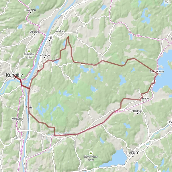 Map miniature of "The Gravel Gateway" cycling inspiration in Västsverige, Sweden. Generated by Tarmacs.app cycling route planner