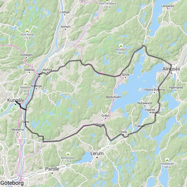 Map miniature of "Scenic Tour around Kungälv and Alingsås" cycling inspiration in Västsverige, Sweden. Generated by Tarmacs.app cycling route planner