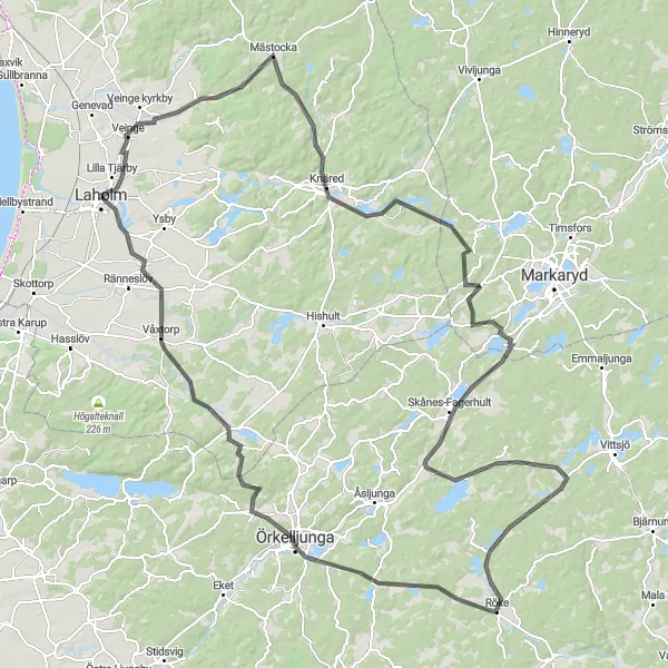 Map miniature of "The Laholm Loop" cycling inspiration in Västsverige, Sweden. Generated by Tarmacs.app cycling route planner