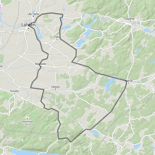 Kartminiatyr av "Ysby till Ränneslöv via Hishult" cykelinspiration i Västsverige, Sweden. Genererad av Tarmacs.app cykelruttplanerare
