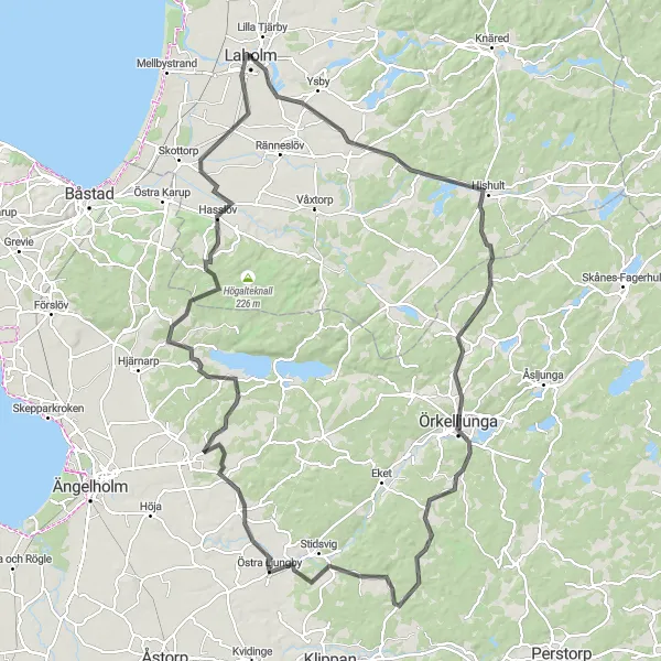 Map miniature of "Laholm to Hasslöv" cycling inspiration in Västsverige, Sweden. Generated by Tarmacs.app cycling route planner