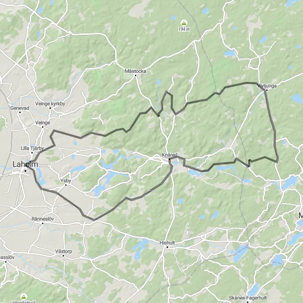 Map miniature of "Laholm to Knäred" cycling inspiration in Västsverige, Sweden. Generated by Tarmacs.app cycling route planner