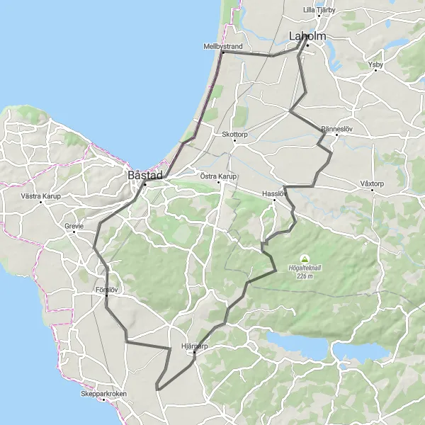 Map miniature of "Laholm to Båstad" cycling inspiration in Västsverige, Sweden. Generated by Tarmacs.app cycling route planner