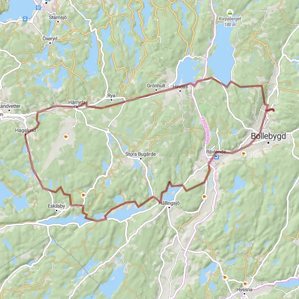 Kartminiatyr av "Härryda till Västra Nedsjön grusvägscykling" cykelinspiration i Västsverige, Sweden. Genererad av Tarmacs.app cykelruttplanerare