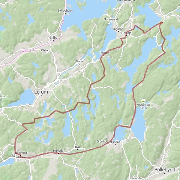 Map miniature of "Gravel Adventure to Tollered" cycling inspiration in Västsverige, Sweden. Generated by Tarmacs.app cycling route planner