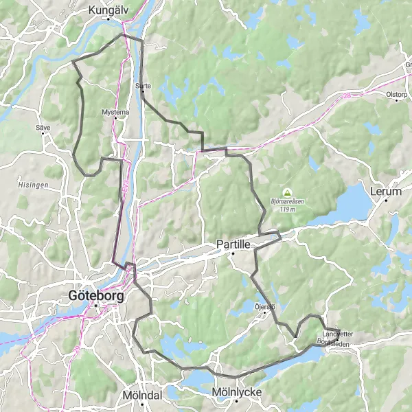 Map miniature of "Örgryte Nature Trail" cycling inspiration in Västsverige, Sweden. Generated by Tarmacs.app cycling route planner