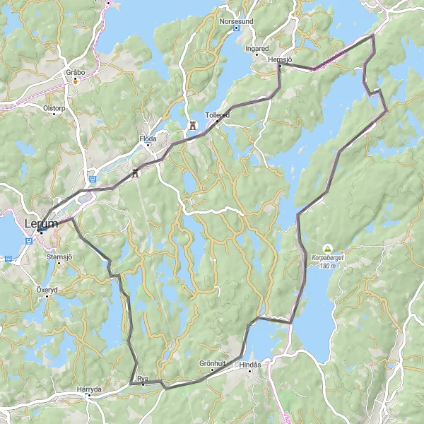 Map miniature of "The Floda Adventure" cycling inspiration in Västsverige, Sweden. Generated by Tarmacs.app cycling route planner