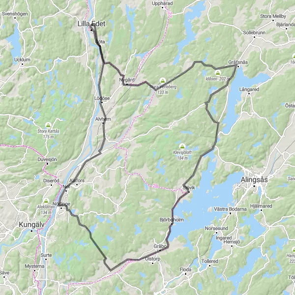 Kartminiatyr av "Unika byar och natursköna vyer" cykelinspiration i Västsverige, Sweden. Genererad av Tarmacs.app cykelruttplanerare